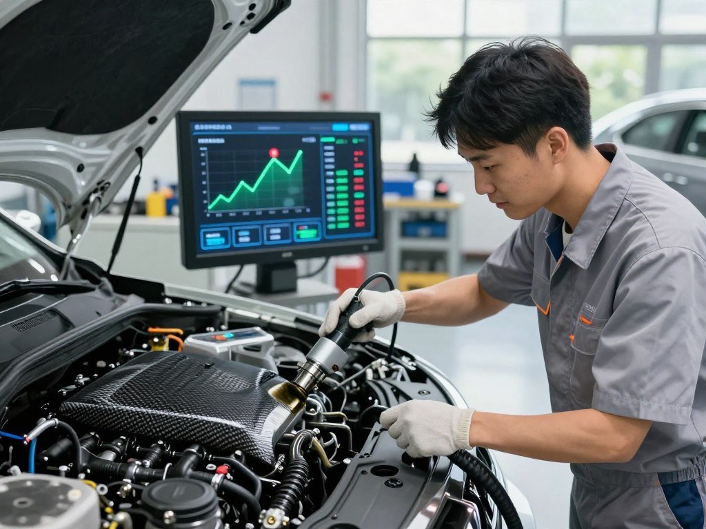 A high-tech automotive workshop scene showcasing the benefits of effective carbon cleaning for fuel economy and emissions. In the foreground, a professional mechanic in a clean, modest outfit inspects a vehicle engine, demonstrating the carbon cleaning process with advanced equipment. The middle ground features a vibrant, futuristic dashboard displaying real-time data on fuel efficiency and emissions reduction, with green graphs and glowing metrics. In the background, a well-organized workshop filled with tools, and a bright, eco-friendly atmosphere enhanced by soft, natural lighting. The mood is optimistic and innovative, highlighting the positive impact of carbon cleaning on vehicle performance and environmental sustainability. Capture the scene from a slightly elevated angle, emphasizing the interaction between technology and automotive care.