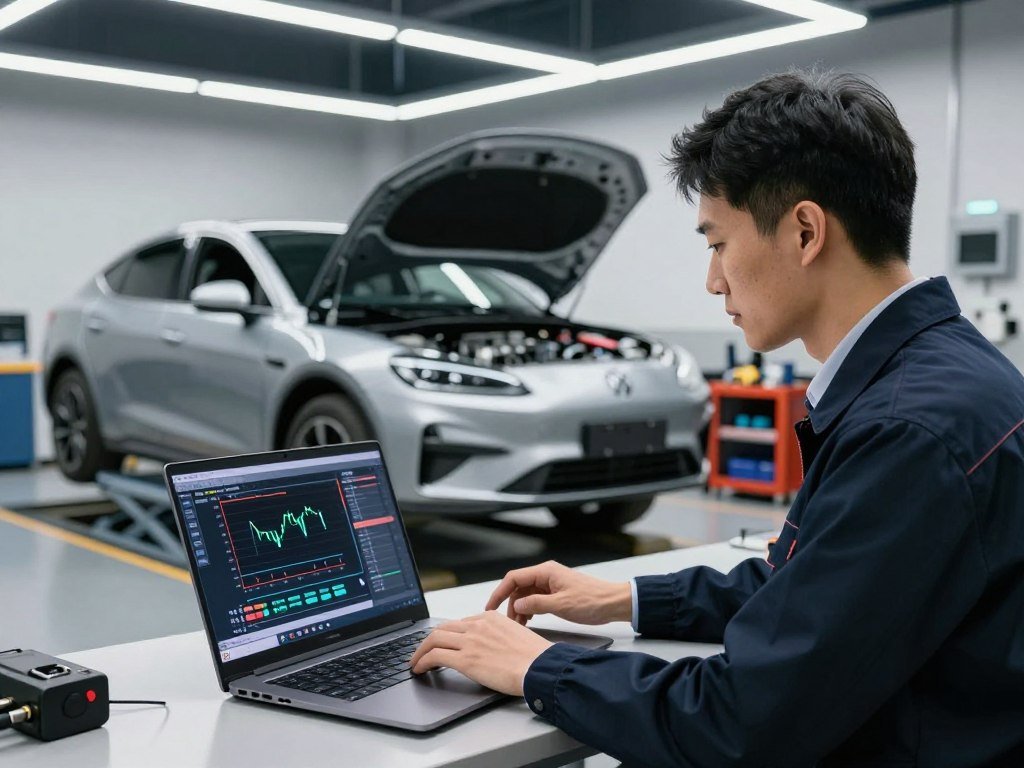 A modern automotive workshop featuring a professional engineer in business attire, focused on optimizing ECU settings. In the foreground, a sleek laptop displays intricate graphs and performance metrics, while the engineer, a mid-30s individual with short black hair, interacts with the software using a sophisticated interface. The middle ground showcases a car on a diagnostic lift, with open hood and visible engine components, emphasizing the tuning process. Bright LED lights illuminate the workspace, reflecting a clean, high-tech environment. In the background, shelves filled with tools and diagnostic equipment add depth, creating an atmosphere of concentration and expertise. The image conveys a sense of innovation and precision in automotive technology, capturing the essence of software adjustments for enhanced vehicle performance and efficiency.