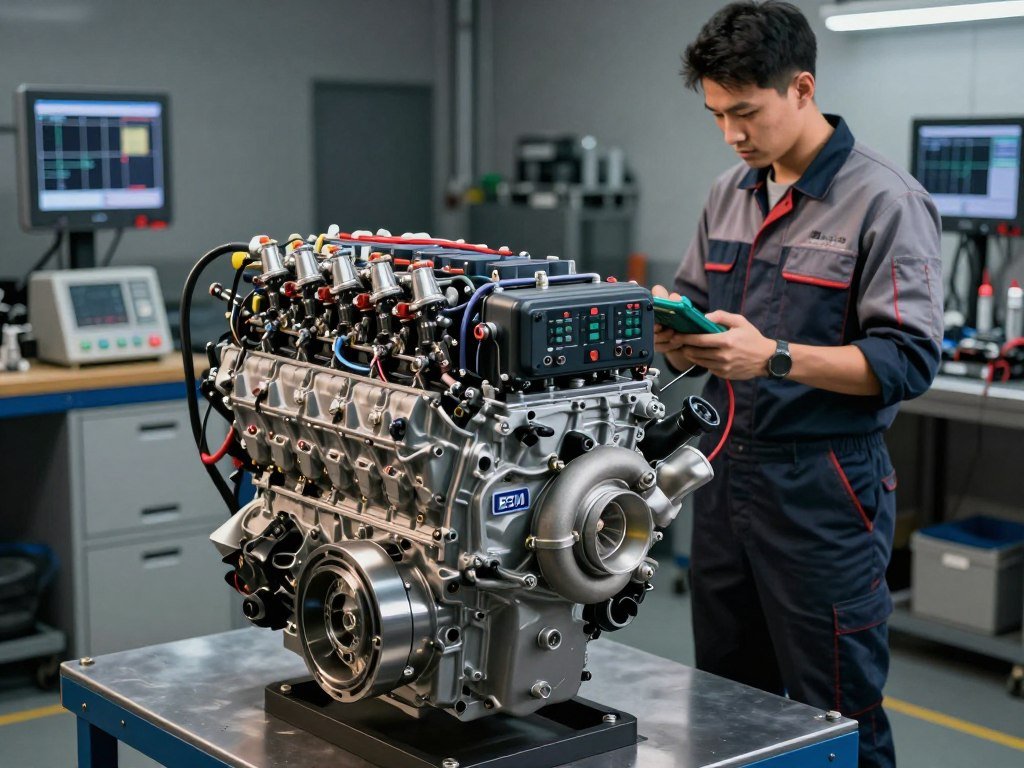 A powerful ECM diesel engine mounted on a modern workshop bench, surrounded by intricate mechanical tools and diagnostic equipment. In the foreground, focus on the engine's detailed components like the fuel injectors, turbocharger, and electronic control module, showcasing metallic textures and vibrant colors. In the middle, a professional technician in modest work attire examines the engine with a diagnostic tool, emphasizing a sense of expertise and precision. The background features a well-organized workshop environment, with dim, ambient lighting highlighting the engine's features, creating an atmosphere of innovation and technical mastery. The overall mood is one of professionalism and dedication to performance enhancement in diesel engine maintenance.