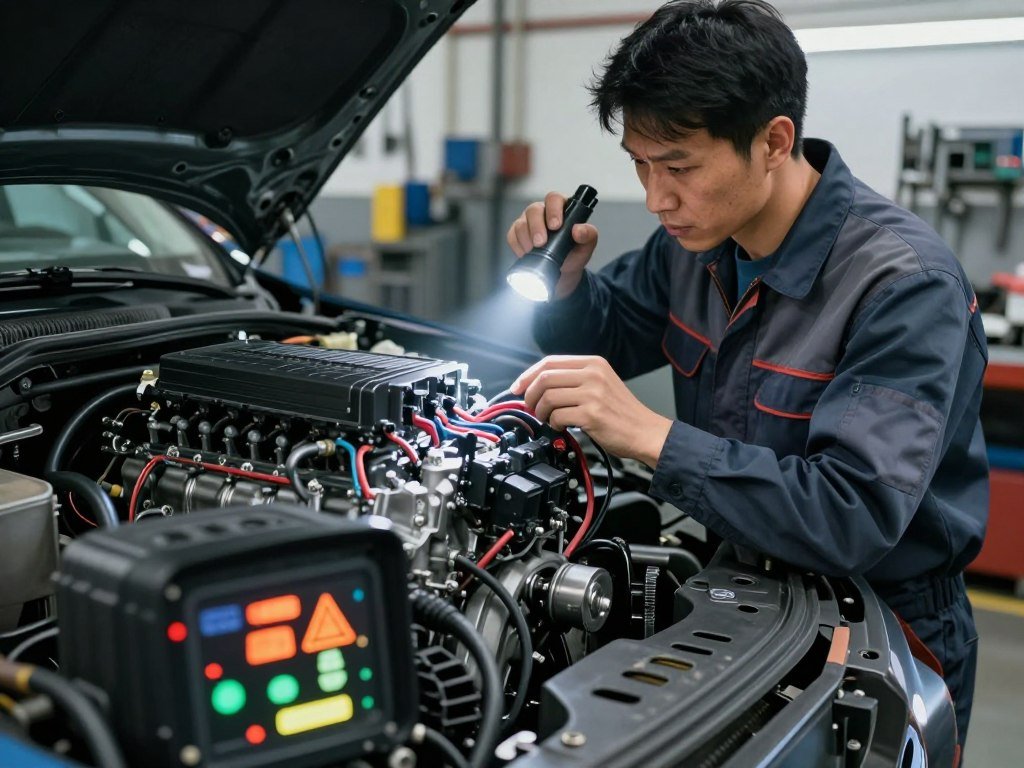 A realistic and detailed illustration depicting a diesel engine's Electronic Control Module (ECM) with visible warning signs of issues. In the foreground, zoom in on an illuminated dashboard with warning lights, such as a check engine and malfunction indicator, glowing prominently. In the middle ground, show a mechanic in professional attire, carefully inspecting the engine and ECM wiring with focused attention, using a flashlight to enhance visibility. In the background, illustrate a well-lit workshop environment filled with tools and engine parts, emphasizing a sense of professionalism and expertise. The lighting should be bright but slightly moody to evoke an atmosphere of concern and careful inspection. Use a shallow depth of field to keep the focus on the warning signs and mechanic.