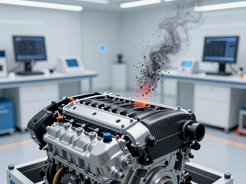 A sleek, modern car engine prominently displayed in the foreground, showcasing clean components and vibrant colors. In the middle ground, visual representations of carbon particles being removed from the engine, depicted as wispy, dark tendrils dissipating into the air. The background features a bright, futuristic workshop with high-tech tools and diagnostic equipment, emphasizing a sterile, well-lit environment. Soft, diffuse lighting illuminates the engine, highlighting its intricate details and clean surfaces, with a slight lens distortion effect to draw focus. The atmosphere should convey a sense of innovation and efficiency, reflecting the advanced technology of carbon cleaning and its impact on vehicle performance.