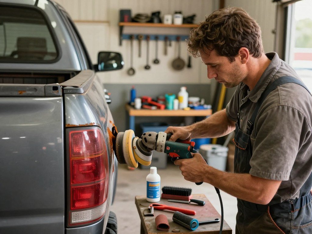 A well-lit garage scene featuring a mechanic, dressed in modest work attire, focused on rust repair on a sturdy pickup truck. In the foreground, the mechanic is using a sanding tool to remove rust from the truck's rear fender, showcasing detailed action and tools. The middle ground reveals an array of repair supplies, such as sandpaper, rust inhibitor, and a brush laid out neatly on a workbench. The background is filled with tools hanging on the wall and shelves cluttered with automotive parts, all under warm, soft lighting that creates a welcoming atmosphere. The angle is slightly elevated, capturing the scene from a dynamic perspective to emphasize the process of restoration and the mechanic’s skillful dedication.