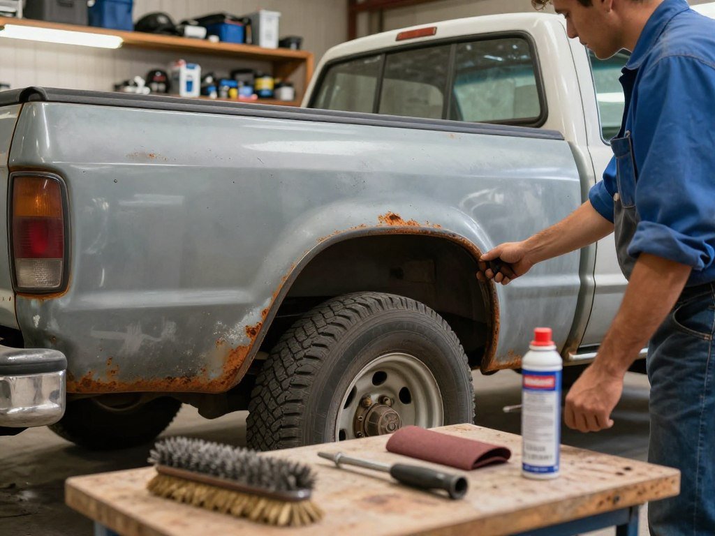 A well-worn pickup truck in a garage, focusing on the area around the rear wheel well where rust repair will take place. The truck displays visible patches of rust, with the owner, dressed in a blue work shirt and jeans, inspecting the damage. In the foreground, tools like a wire brush, sandpaper, and rust treatment spray are neatly arranged on a workbench. The background shows shelves stocked with auto parts and a bright overhead light illuminating the scene, creating a warm, industrious atmosphere. The angle captures a close-up perspective, highlighting the detailed textures of the rust and the truck's metallic surface, conveying a sense of preparation and diligence essential for an effective rust repair.