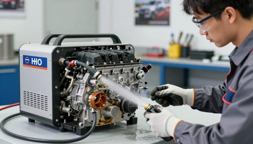 A clean and detailed illustration of an HHO engine cleaning process. In the foreground, showcase a mechanic in professional attire, wearing gloves and safety glasses, attentively inspecting an engine with visible residue and buildup. In the middle ground, highlight an HHO generator connected to the engine, with clear hoses and bubbles indicating the cleaning process in action. The background features an auto shop environment with tools, equipment, and posters about engine maintenance. Use bright, natural lighting to create a clean and professional atmosphere, emphasizing clarity and focus on the engine. The composition should be shot at a slight angle to show depth and detail, enhancing the technical aspect of the cleaning process.