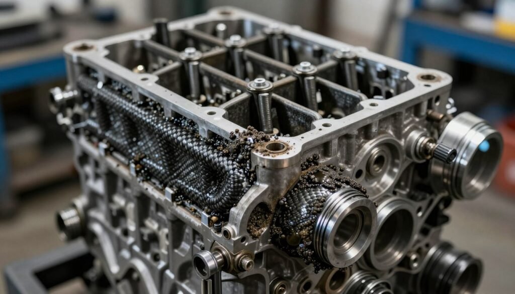 A close-up, detailed view of carbon deposits in an engine, showcasing dark, gritty textures on metallic engine components such as pistons and valves. In the foreground, focus on heavy carbon accumulation with intricate patterns and layers, showing wear and the buildup over time. The middle ground features a partially disassembled engine, highlighting the contrast between the clean metal and the dirty deposits. The background captures an industrial workshop setting with subtle hints of tools and machinery blurred for depth. Soft, focused lighting emphasizes the textures while creating a slightly dramatic atmosphere that illustrates the challenge of removing these deposits. The image should evoke a sense of technical scrutiny and maintenance effort.