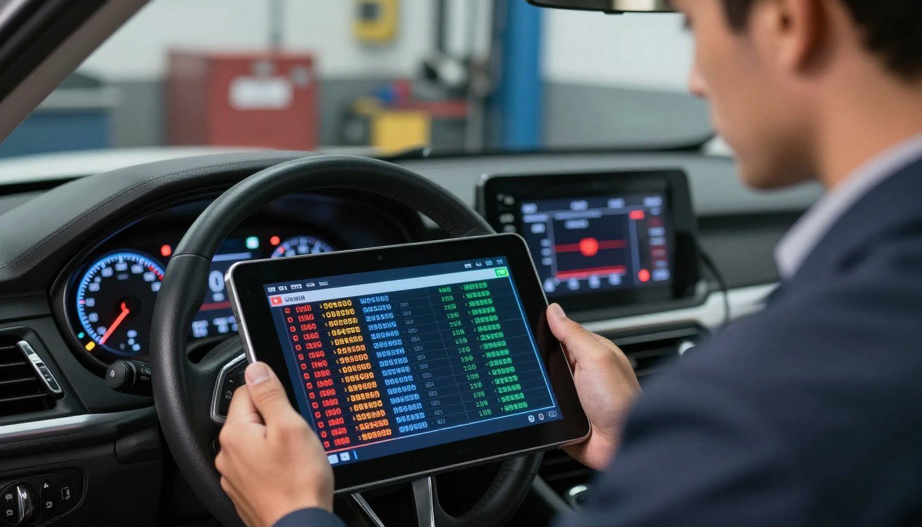 A close-up view of a digital automotive diagnostic interface displaying various trouble codes in vibrant colors, showcasing error codes in neat rows. The foreground features a sleek tablet held by a professional American fleet manager in business attire, focused on diagnosing engine issues. The middle ground includes an illuminated vehicle dashboard with engine warning lights and gauges, signifying a high-tech repair shop environment. The background portrays a well-organized garage with tools and automotive parts, illuminated by soft overhead lights creating a bright and efficient atmosphere. The overall mood is one of professionalism and technical expertise, emphasizing the importance of understanding diagnostic trouble codes in fleet management.