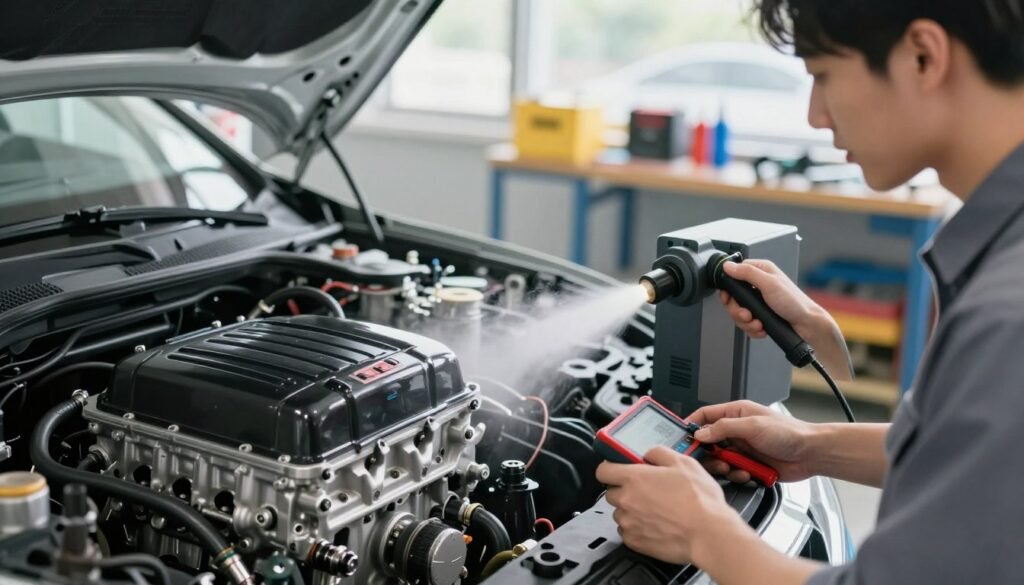 A close-up view of a modern automotive engine being cleaned with HHO technology, showcasing the HHO generator positioned beside the engine, producing a gentle mist. In the foreground, a professional mechanic in modest casual clothing examines the engine, using diagnostic tools and looking thoughtfully at the engine components. In the middle ground, you can see the engine parts glistening clean, with subtle reflections revealing their improved condition. The background features a bright, organized workshop with tools and equipment neatly arranged, illuminated by natural light coming through a window, creating a clean and efficient atmosphere. The overall mood is optimistic and focused, reflecting the benefits and innovations of HHO engine cleaning technology.