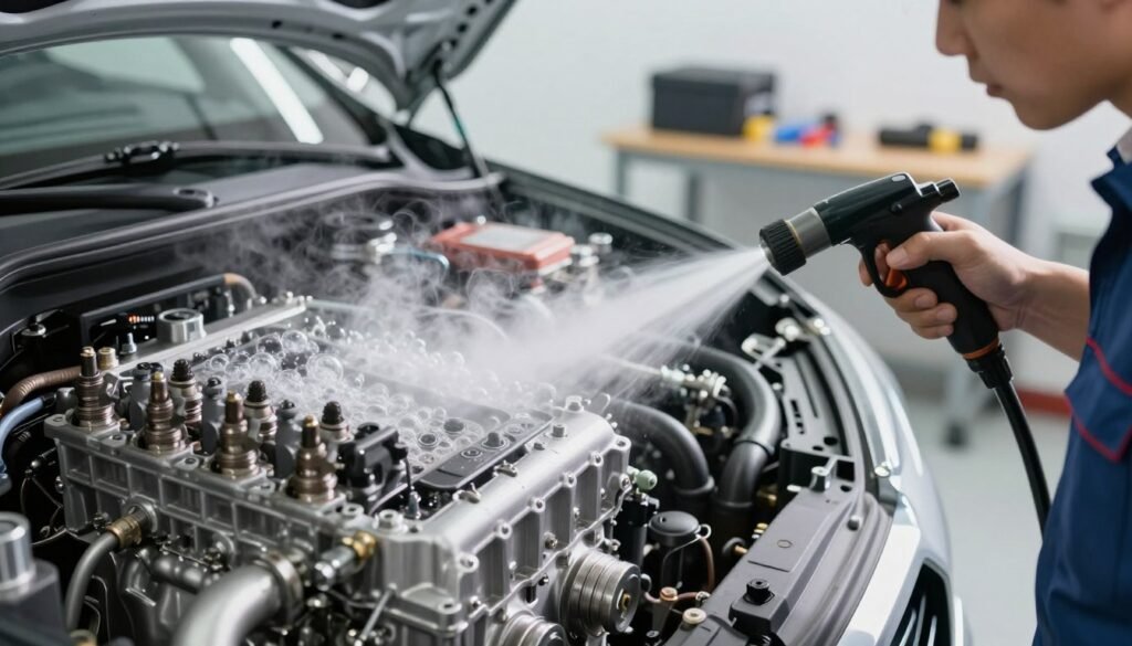 A close-up view of an HHO engine cleaning process, showcasing steam and bubbles rising from a gleaming engine component. In the foreground, show a mechanic in professional business attire, focused and engaged, holding a spray nozzle that emits a mist of HHO vapor. The middle layer features the engine's intricate parts—spark plugs, valves, and pipes—highlighted with a soft, diffused light that emphasizes cleanliness and efficiency. In the background, a well-lit garage scene with tools and equipment, creating a professional atmosphere. The overall mood is one of innovation and care, suggesting the benefits of HHO engine cleaning in vehicle maintenance. The image should be bright, with a clean color palette reflecting an advanced technology aesthetic.