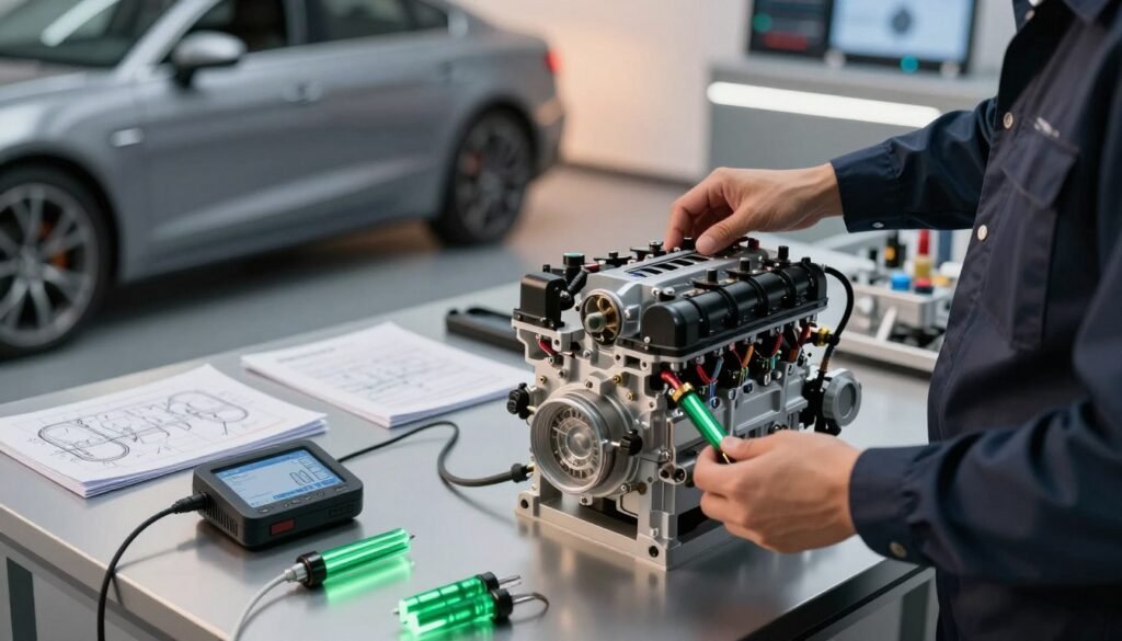 A close-up view of an HHO engine setup in a modern workshop, showcasing a detailed engine tuning process. In the foreground, a well-organized workbench displays essential tools, a digital tuning device, and vibrant green electrodes for the HHO system. The middle ground features a technician in professional business attire carefully adjusting the engine components, surrounded by diagrams and technical manuals. The background includes a sleek, high-tech garage with soft, ambient lighting, casting an inviting glow on the chrome and metal surfaces. The mood conveys a sense of innovation and efficiency, emphasizing the focus on improving fuel economy and lowering emissions. The scene is captured from a slightly elevated angle, ensuring a comprehensive view of the tuning process.