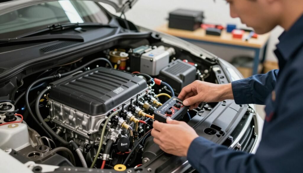 A close-up view of an HHO engine tuning system installed within a car engine bay, highlighting the intricate components like hoses, electrodes, and the HHO generator. The foreground features a technician in professional business attire carefully adjusting the tuning system, focused and engaged. In the middle ground, the engine is visible with shiny metallic parts and clear identification of HHO modification elements. The background shows a modest workshop, with tools and engine parts organized neatly, reflecting a clean and professional environment. Soft, natural lighting illuminates the scene, creating a warm yet technical atmosphere. The angle is slightly elevated to capture both the technician and the engine's details effectively.