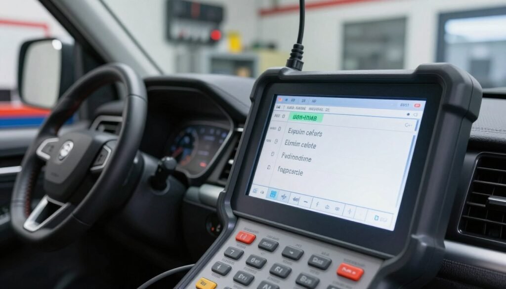A close-up view of an automotive diagnostic scan tool displaying a digital trouble code on its screen. The foreground features the scan tool in sharp focus, with clear labels and buttons visible. In the middle, a sleek dashboard of a modern fleet vehicle is seen, hinting at its high-tech features. The background includes a well-lit garage environment, showcasing various tools and equipment organized neatly, creating a professional atmosphere. The lighting is bright and even, emphasizing the details of the diagnostic tool while maintaining a clean, technical feel. The mood is focused and industrious, reflecting a commitment to maintaining optimal fleet performance.