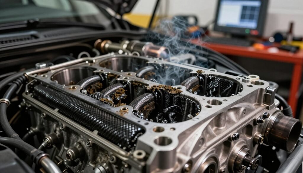 A close-up view of an automotive engine with visible carbon build-up, showcasing intricate details like soot on the valves and combustion chamber. The foreground highlights the dark, gritty texture of the carbon deposits, contrasting with shiny metallic engine components. In the middle ground, exhaust emissions are shown escaping from the engine, with subtle wisps of smoke capturing the light to emphasize pollution. The background features a blurred mechanic's garage filled with tools and diagnostic equipment, creating a sense of industry. The lighting is dramatic and focused, with a slightly warm hue to evoke a serious atmosphere. Shot with a macro lens angle to accentuate the textures and intricacies of engine components, conveying the consequences of carbon build-up in an automotive context.