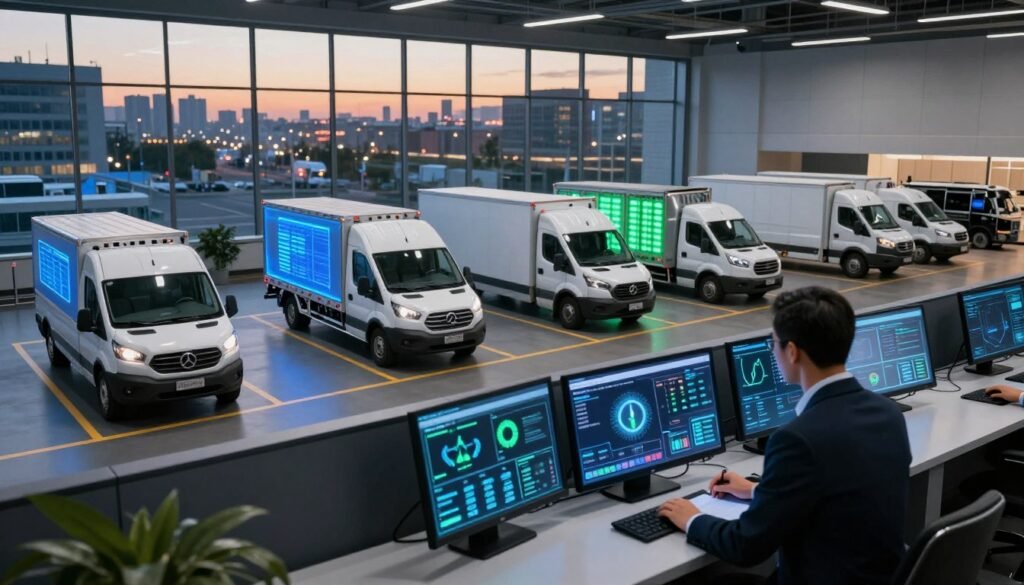 A cutting-edge fleet management control center featuring HHO technology. In the foreground, an American fleet manager, dressed in professional business attire, is analyzing real-time data on a sleek, modern touchscreen interface. The middle layer showcases various fleet vehicles, including vans and trucks equipped with HHO systems, highlighted by glowing blue and green indicators. In the background, large windows reveal a bustling cityscape during twilight, with soft ambient lighting casting a warm glow. The atmosphere is one of innovation and efficiency, conveying a sense of progress and sustainability in fleet management. Use a wide-angle lens to emphasize the spacious environment and create a dynamic perspective.