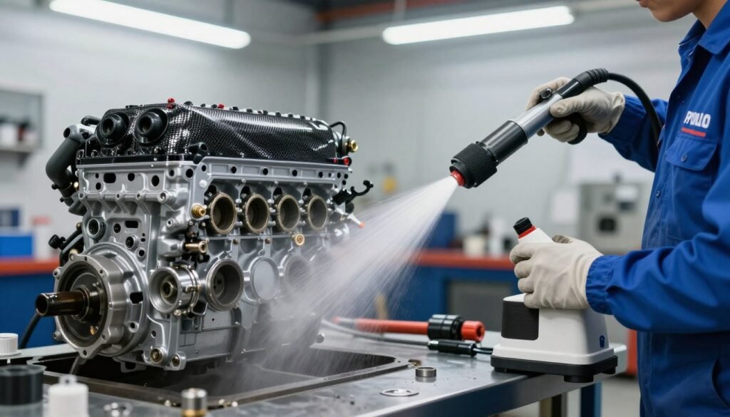 A detailed HHO carbon cleaning process scene focused on a gasoline engine being cleaned. In the foreground, a white, American professional mechanic in a blue work uniform operates a carbon cleaning machine, with vigorous streams of HHO gas visibly cleaning the engine components. In the middle ground, the engine is partially disassembled, showcasing sparkling clean internals. Tools and parts are neatly arranged nearby, indicating a professional workspace. The background features a well-lit garage environment, with bright fluorescent lights reflecting off surfaces, generating a clinical and efficient atmosphere. The angle is slightly low, emphasizing the action and technology involved in the carbon cleaning process, evoking a sense of innovation and care for engine maintenance.