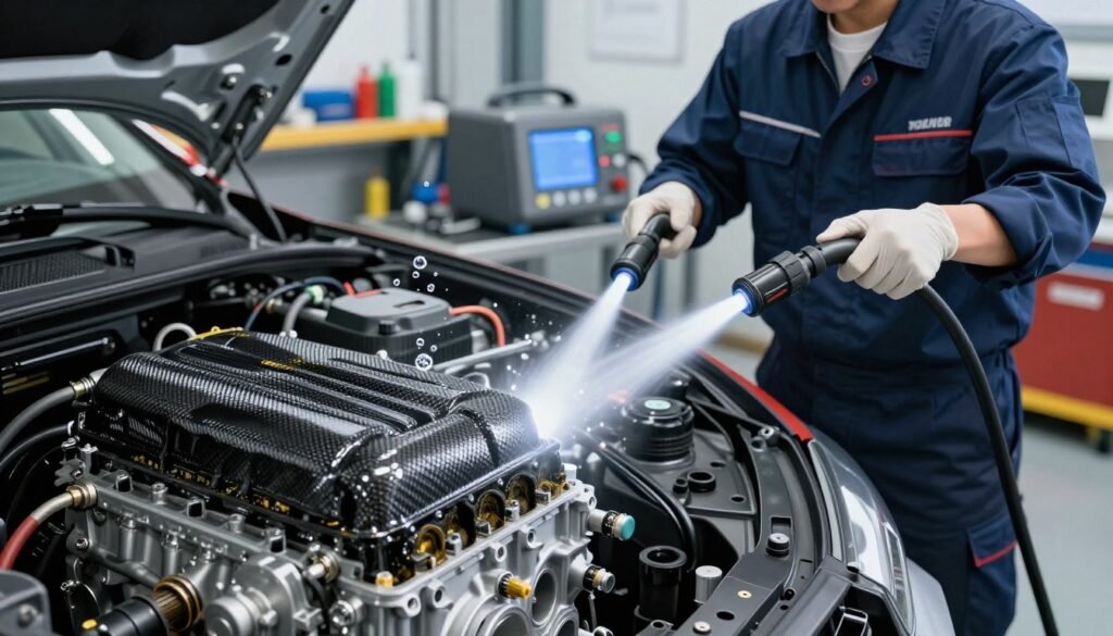 A detailed and engaging illustration of the HHO carbon cleaning process for gasoline and diesel engines. In the foreground, a sleek engine block is shown with visible carbon deposits being actively removed by a stream of hydrogen and oxygen generated from an HHO generator, showcased as small bubbles rising. In the middle ground, a technician in professional business attire expertly operates the cleaning equipment, emphasizing precision and technology. The background features a well-lit automotive workshop setting with tools and machinery organized neatly, suggesting a modern, professional environment. The lighting is bright and focused, casting a clean and efficient atmosphere that conveys the science and effectiveness of HHO carbon cleaning. The angle is slightly elevated to show both the technician and the engine in a dynamic perspective, enhancing the visual impact.