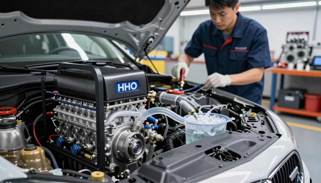 A detailed and informative depiction of the HHO carbon cleaning process in action, focusing on a gasoline and diesel engine. In the foreground, a modern engine bay with an HHO generator attached, showcasing clear pipes and a bubbling water reservoir. The middle ground includes a mechanical technician in professional attire, carefully monitoring the process with tools in hand. In the background, a garage workshop filled with engine parts and tools, well-lit with bright overhead LED lights, creating a clean and organized look. Use a slight angle to emphasize depth and perspective, highlighting the intricate details of the HHO generator. The overall mood should feel innovative and technical, illustrating the importance of HHO in maintaining engine health.