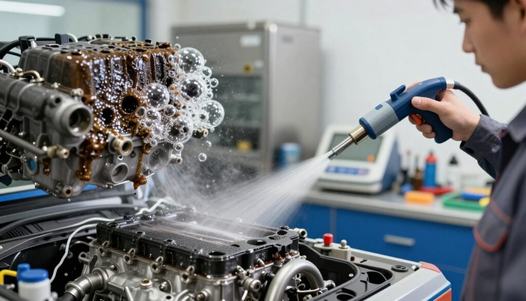 A detailed and informative illustration of application techniques for engine cleaning using HHO carbon eliminator technology. In the foreground, a mechanic in professional work attire is demonstrating the process, holding a specialized cleaning nozzle aimed at the engine part. The middle layer features a close-up of the engine components, showcasing greasy deposits being dissolved with oxyhydrogen bubbles forming around them, reflecting the effectiveness of the cleaning process. The background depicts a well-lit workshop filled with tools and equipment, enhancing the technical atmosphere. Utilize bright, clear lighting to capture the intricate details of the engine and cleaning method, emphasizing a sense of precision and professionalism. The angle should be slightly above eye-level to provide an engaging perspective, creating a dynamic and informative scene that highlights innovative cleaning techniques.