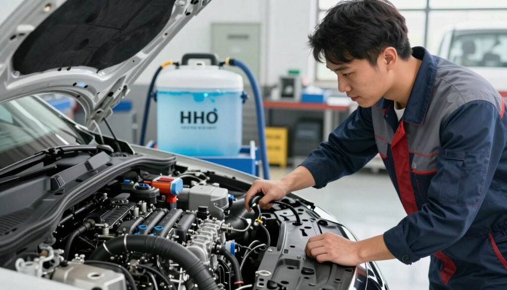 A detailed and informative scene showcasing the benefits of HHO engine cleaning. In the foreground, a mechanic in professional attire is inspecting a car engine, highlighting its clean and efficient components. The middle ground features a neatly organized garage with HHO cleaning equipment, such as a bubbling water tank and hoses, emphasizing the technology involved. The background shows a well-lit automotive workshop, enhancing the atmosphere of professionalism and expertise. Use soft, natural lighting to create an inviting ambiance, with a slight focus on the mechanic and engine to draw attention to the cleaning process. The overall mood should be energetic and optimistic, conveying the advantages of HHO engine cleaning for vehicle maintenance.
