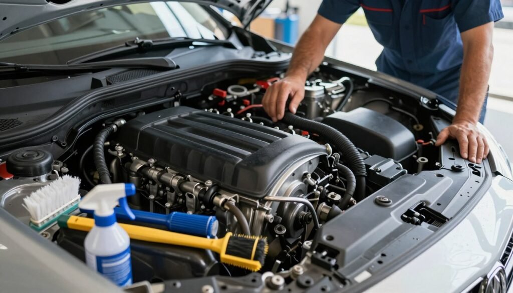 A detailed close-up of a clean engine compartment, showcasing gleaming metal parts and spotless surfaces, emphasizing the results of engine cleaning. In the foreground, tools such as brushes and a spray can are neatly arranged, symbolizing the cleaning process. The middle layer features a technician, an American man in professional attire, inspecting the engine with focus and satisfaction. There’s a soft natural light illuminating the engine, creating a bright and inviting atmosphere. In the background, blurred workshop elements hint at a clean, organized environment, reinforcing the idea of maintenance and care. The angle is slightly elevated, capturing both the technician's engagement and the pristine engine, evoking a sense of professionalism and pride in automobile upkeep.