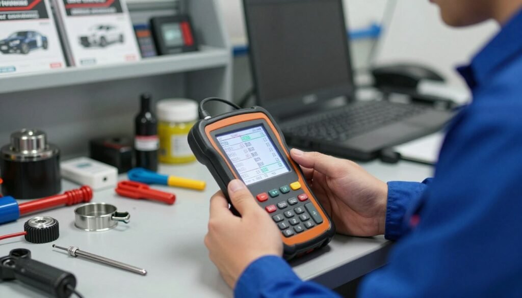 A detailed close-up of a diagnostic trouble code scanner displaying various codes on its screen, with a professional mechanic in a blue coverall analyzing the data. In the foreground, the scanner is highlighted with soft, focused lighting, emphasizing its digital display and buttons. In the middle ground, tools and automotive parts are neatly arranged on a workbench, showcasing an organized workshop environment. The background features blurred shelves filled with automotive manuals and equipment, adding depth to the scene. The atmosphere is technical and focused, capturing the essence of fleet management and the importance of diagnostic codes in automotive maintenance. The lighting is bright and clear, imbuing the image with a sense of professionalism and efficiency.