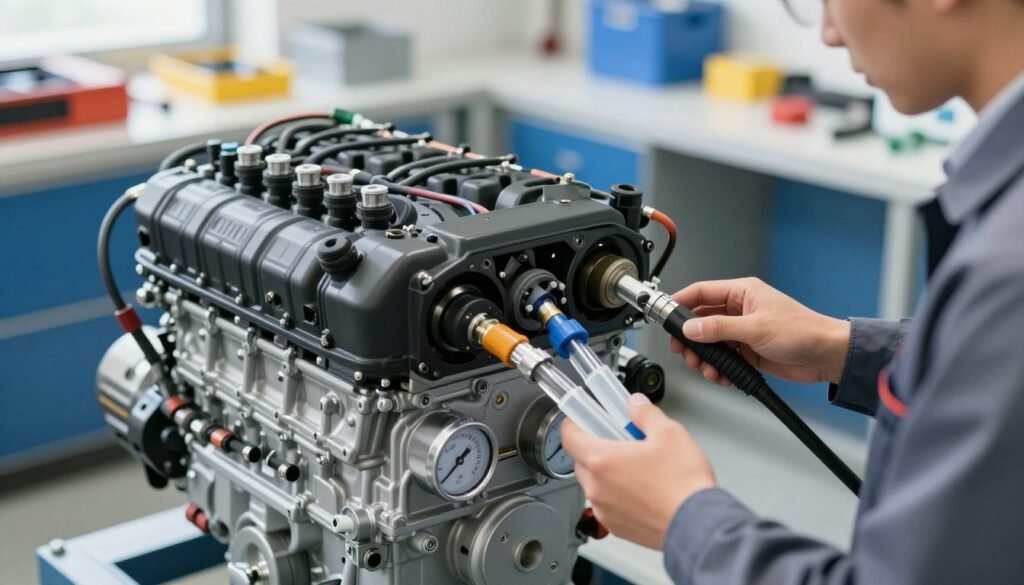 A detailed close-up of a modern diesel engine undergoing HHO service, illustrating the process's benefits. In the foreground, a technician, dressed in professional business attire, carefully inspects the engine components, with a clear focus on HHO injection equipment. The middle ground features the engine with visible pipes and gauges, showcasing the efficient flow of hydrogen and oxygen during decarbonization. The background is softly blurred, highlighting a well-organized workshop environment with tools and parts neatly arranged, indicating a safe and professional setting. Bright, natural lighting illuminates the scene, creating an optimistic and innovative atmosphere. The angle is slightly elevated, providing a clear perspective on the engine and technician, emphasizing the modern technology in diesel service.