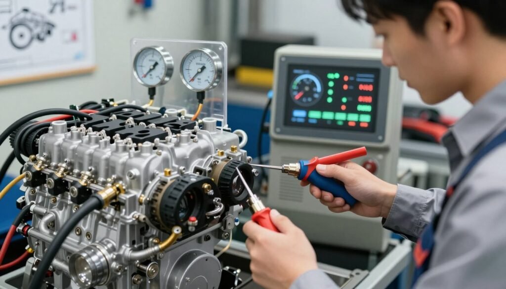 A detailed close-up of an HHO engine being tuned for improved fuel economy, showcasing an intricate assembly of pipes, fuel injectors, and electronic control systems. In the foreground, a mechanic in professional business attire examines the engine with modern tools, highlighting precision and expertise. The middle ground features transparent gauges displaying fuel efficiency metrics, with bright LED indicators showing optimal performance. The background blends a well-lit garage atmosphere with various automotive tools and diagrams relating to engine tuning. Soft, natural lighting enhances the focus on the mechanic’s face, conveying concentration and professionalism. The overall atmosphere is one of innovation and sustainability, emphasizing the advanced technology in engine tuning for eco-friendly driving.