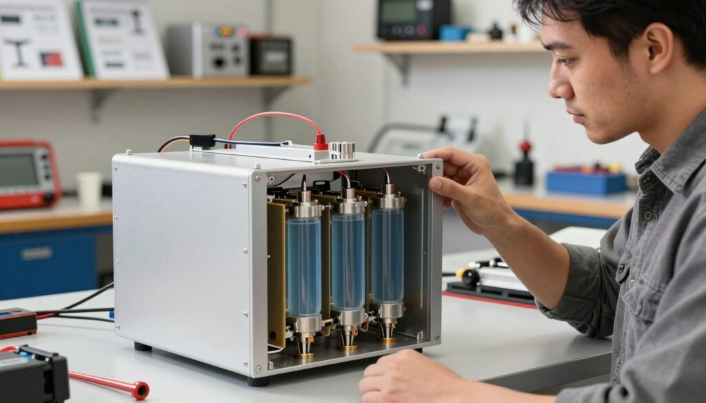 A detailed close-up of an HHO generator, showcasing its intricate components like the electrolyte chamber, plates, and wiring against a sleek workshop background. The generator should be bathed in soft, natural lighting, highlighting the reflections on its metallic surfaces. In the foreground, a professional American engineer in modest casual attire inspects the generator with a focused expression, embodying safety and expertise. In the middle ground, an organized workspace includes tools and safety equipment, suggesting a safe environment for technology exploration. The background features workshop shelves lined with technical manuals and equipment, creating a sense of professionalism and reliability. The atmosphere should convey innovation and attention to safety in hydrogen generation technology.