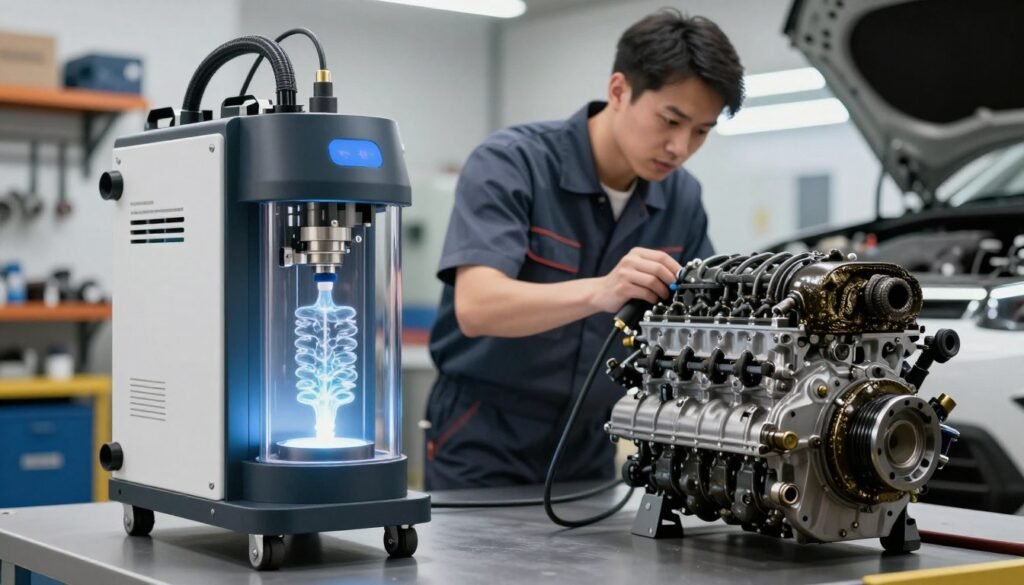 A detailed illustration of Oxyhydrogen Technology applied to engine cleaning. In the foreground, a high-tech oxyhydrogen engine cleaning machine is prominently displayed, showcasing its sleek design with visible tubes and a bubbling reaction occurring within a transparent chamber. In the middle, a mechanic in professional attire closely examines an internal combustion engine, highlighting carbon deposits on its components. The background features a clean, well-lit workshop environment, with shelves stacked with tools and machinery. Soft, diffused lighting emphasizes the intricate details of the machine and engine, while a slight lens blur in the background creates depth. The mood is professional and innovative, capturing the essence of advanced technology in automotive maintenance.