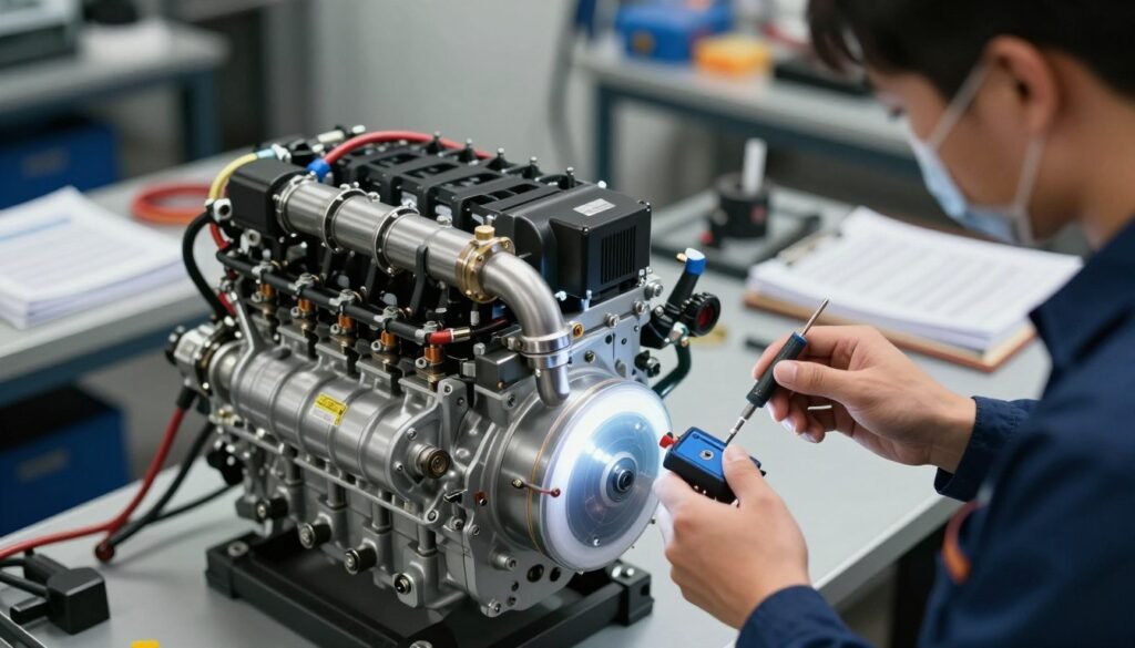 A detailed illustration of an HHO engine tuning setup, focusing on engine components like the intake and hydrogen generator. In the foreground, showcase a mechanic in professional attire adjusting a precision instrument under bright, white LED lighting, conveying a sense of expertise. The middle ground features the engine with visibly optimized components, such as an HHO generator and enhanced fuel flow systems, highlighting innovations in technology for better fuel efficiency. In the background, depict a workshop setting, with tools and manuals neatly arranged, underscoring a professional environment. Use a shallow depth of field to create a clear focus on the engine while maintaining a soft, diffused background. The overall atmosphere should be one of innovation and technical advancement, emphasizing the potential of HHO tuning for enhanced output.