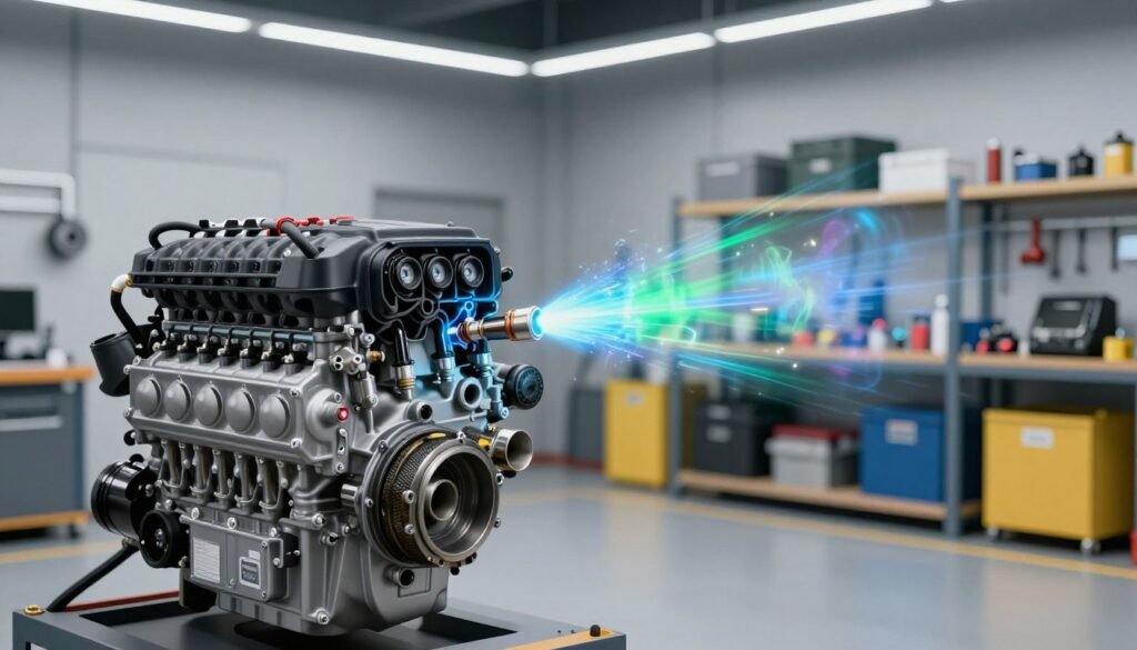 A detailed illustration of the HHO carbon cleaning process specifically designed for diesel engines. In the foreground, a modern diesel engine with clear components, such as fuel injectors and exhaust valves, is depicted in a clean workshop setting. In the middle, a dynamic visual of the HHO gas being introduced into the engine, highlighted with glowing blue and green hues to signify its effectiveness in cleaning carbon deposits. In the background, shelves filled with automotive tools and equipment create a professional environment. The scene is well-lit with bright overhead lights, conveying a sense of innovation and efficiency. The mood is focused and technical, suitable for an audience interested in automotive advancements. There are no people in the image, ensuring a clear focus on the process itself.