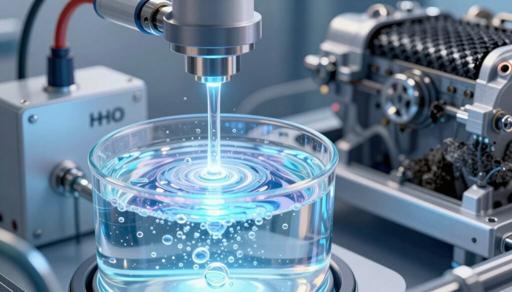 A detailed illustration of the HHO hydrogen cleaning process, showcasing the interaction of hydrogen and oxygen in a specialized chamber. In the foreground, a transparent reaction vessel filled with bubbling liquid illustrates the electrolysis process, with vibrant light reflections highlighting the hydrogen bubbles forming and rising. In the middle ground, technical components like electrodes and pipes are visible, designed in a modern, sleek style. In the background, subtle hints of carbon deposits being removed from engine components convey the effectiveness of the cleaning process. The lighting is bright and clinical, emphasizing cleanliness and innovation. The overall atmosphere is one of advanced technology and environmental consciousness, focusing on efficiency and effectiveness in carbon removal.