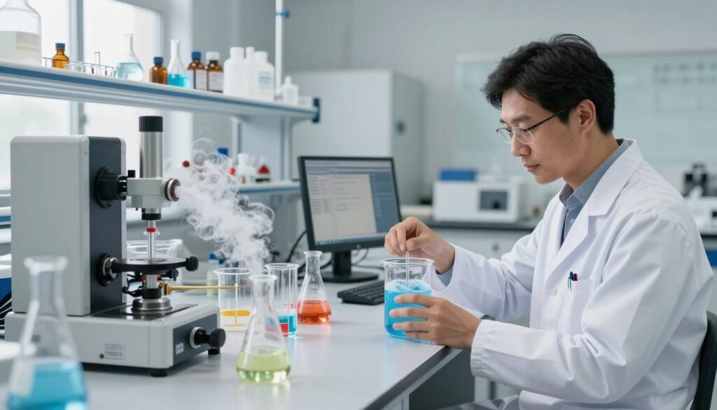 A detailed illustration of the chemical decarbonization process in a laboratory setting. In the foreground, a professional American scientist in a lab coat examines a glass beaker filled with a swirling blue solution, while nearby, advanced machinery processes vapors. In the middle ground, various beakers and flasks with colorful liquids bubble gently, showcasing chemical reactions, and a digital monitor displaying data readouts. The background features shelves lined with chemical compounds and tools, illuminated by soft, natural lighting coming from large windows. The atmosphere is focused and innovative, conveying a sense of scientific exploration and environmental sustainability. The angle is slightly tilted to enhance depth, emphasizing the dynamic interaction of elements in the decarbonization process.
