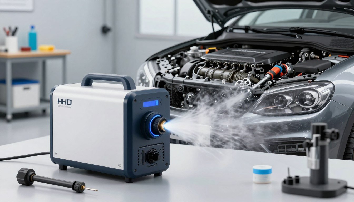 A detailed illustration showcasing HHO hydrogen cleaning technology at work. In the foreground, a sleek, modern hydrogen generator emits a mist of HHO gas, surrounded by tools and equipment that reflect a professional automotive cleaning process. In the middle ground, a car engine with visible carbon deposits is being treated, exhibiting bubbles rising from the surfaces being cleaned, suggesting the action of hydrogen lifting contaminants. The background features a well-lit workshop with clean, organized space and tools on a bench, emphasizing a sense of innovation and advanced technology. Use soft, bright lighting to evoke a clean and efficient atmosphere. The composition should be captured from a slight angle to provide depth and focus on the hydrogen generator's functionality.