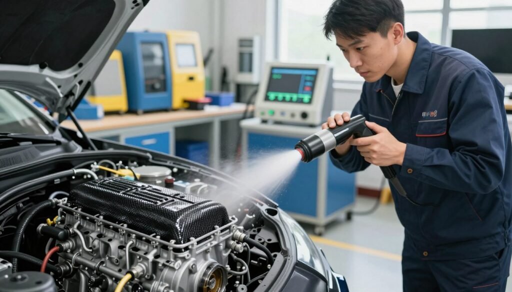 A detailed illustration showcasing the benefits of HHO carbon cleaning. In the foreground, a modern engine being cleaned, glistening with a sheen of the hydrogen cleaning process. The middle ground displays a technician in professional business attire, intently monitoring the cleaning process with advanced equipment, while visible carbon deposits are being effectively expelled from the engine. In the background, a vibrant workshop filled with high-tech machinery and tools, illuminated with bright, natural lighting, creating a professional and efficient atmosphere. The image should capture a sense of innovation and performance enhancement, highlighting the transformation from a dirty to a clean state. Use a slightly angled view to add depth, emphasizing clarity and precision.