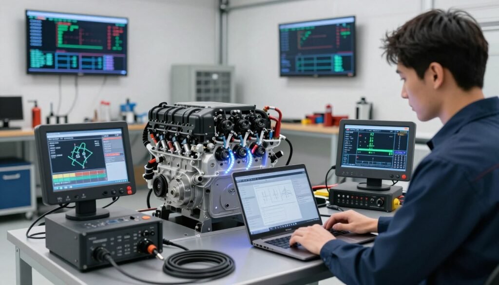 A high-tech garage scene showcasing an HHO engine tuning setup, with intricate diagnostic tools and digital displays actively analyzing engine software and ECU calibration. In the foreground, a focused technician in professional attire is adjusting parameters on a sleek laptop, illuminated by soft LED lights highlighting the engine components. The middle ground features a modern engine equipped with visible HHO integration parts, surrounded by detailed diagrams and calibration charts. The background captures a bright, organized workshop with tools neatly arranged, and a large wall-mounted screen displaying relevant data. The atmosphere is professional, innovative, and energetic, emphasizing the potential for improved fuel economy and reduced emissions. Bright lighting adds a sense of clarity and precision to the overall composition.