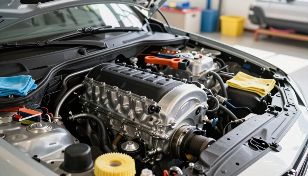 A meticulously organized clean engine bay illuminated by bright, natural light, showcasing gleaming metal parts and well-maintained components. In the foreground, a clear view of the engine's intricate details, including polished aluminum and stainless steel elements, emphasizes the benefits of cleanliness. The middle ground features neatly arranged tools and cleaning supplies, such as brushes and microfiber cloths, creating an inviting workspace atmosphere. In the background, a garage setting with soft shadows enhances depth, conveying a sense of professionalism and care in engine maintenance. The image captures a moment of satisfaction and pride in ownership, highlighting the importance of a clean engine bay for performance and longevity. The composition is straight-on, with a slight upward angle to emphasize the engine's features, and the overall mood is bright, clean, and encouraging.