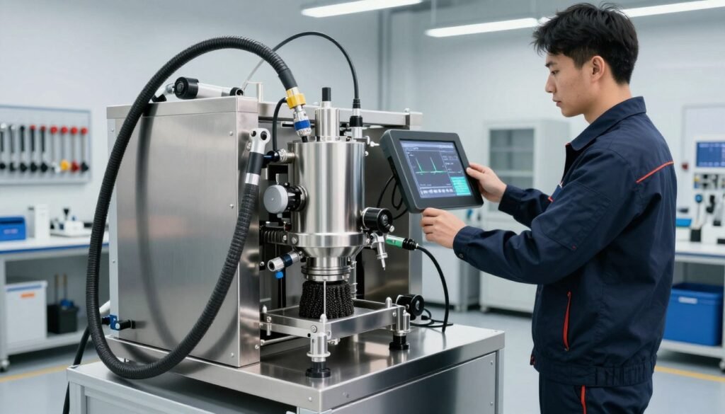 A modern decarbonizer equipment designed for engine carbon cleaning, showcased in a high-tech workshop setting. In the foreground, the machine features sleek stainless steel components with digital displays and hoses. In the middle, a technician in professional business attire skillfully operates the equipment, focusing on a panel screen that displays real-time carbon removal metrics. The background features neatly organized tools and ventilation systems, highlighting a clean and efficient workspace. The lighting is bright, emphasizing the machine's metallic surfaces and the technician's focused expression. The angle is slightly elevated, providing a comprehensive view of the equipment's functionalities, evoking a sense of innovation and precision in automotive maintenance technology.