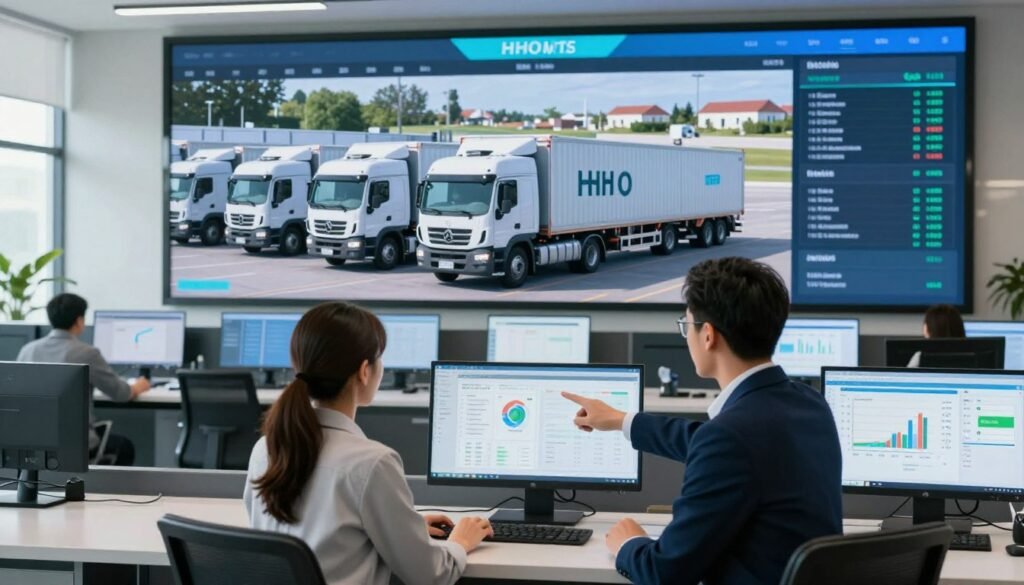 A modern fleet management control center, featuring a large digital display showcasing real-time data on vehicles using HHO technology. In the foreground, a professional American male and female, dressed in smart business attire, analyze the interface, pointing at graphs and charts. The middle layer displays a fleet of trucks and vans equipped with HHO systems, highlighting sleek designs and eco-friendly indications. The background reveals a well-organized workspace with screens showing fleet routes, emissions data, and software analytics, all bathed in bright, natural lighting to convey a sense of innovation and efficiency. The atmosphere is focused and dynamic, underscoring the integration of renewable technologies in transportation management.