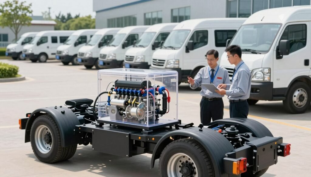 A modern fleet management facility showcasing HHO technology's impact on vehicle maintenance and longevity. In the foreground, a well-maintained commercial vehicle is parked, with a transparent HHO system displayed prominently on the engine, revealing its intricate components. The middle ground features a technician in professional business attire inspecting the vehicle, equipped with tools and wearing safety gear. The background features a fleet of vehicles lined up, with green parks visible to symbolize sustainability. Soft daylight illuminates the scene, casting natural shadows that enhance the details of the HHO system and vehicles. The atmosphere conveys innovation and efficiency, highlighting the importance of advanced technology in maintaining vehicle health.