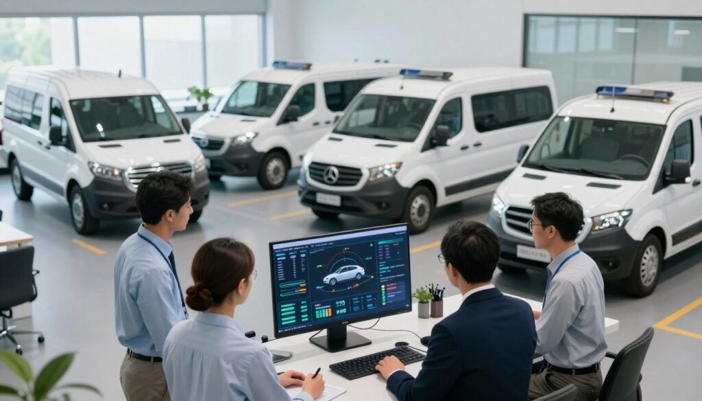 A modern fleet management office showcasing advanced HHO technology. In the foreground, a diverse group of American professionals in business attire examine a digital dashboard displaying real-time vehicle data and HHO efficiency metrics. In the middle ground, several vehicles with HHO conversion systems are parked, emphasizing their eco-friendly design. The background features a clean, bright office environment with large windows letting in natural light, enhancing the high-tech ambiance. The atmosphere is focused and innovative, highlighting collaboration and sustainability in fleet management. The perspective is slightly elevated, giving a comprehensive view of the office layout with a soft focus on the vehicles, creating a sense of depth and professionalism.