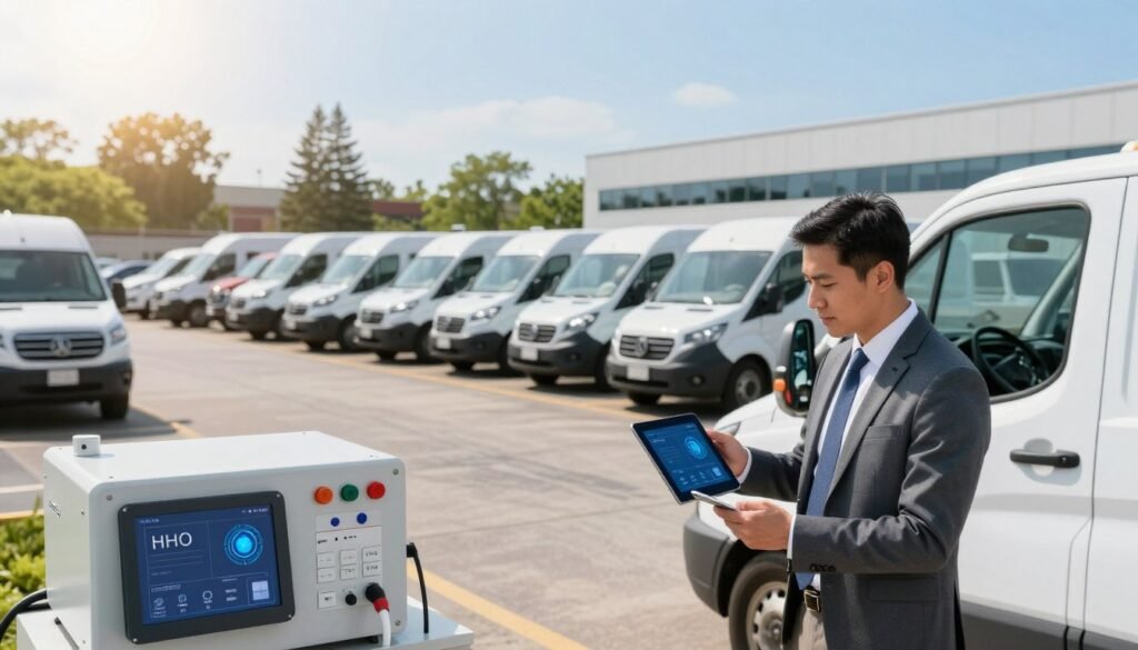A modern fleet management scene featuring HHO technology in action. In the foreground, a focused American fleet manager in professional business attire inspects a hydrogen fuel cell vehicle, showcasing advanced technology displays. The middle ground features a diverse array of commercial vehicles, including trucks and vans, equipped with HHO systems, parked in a lively fleet yard. In the background, a clear blue sky contrasts with green trees and a modern office building, symbolizing innovation and sustainability. Soft, natural lighting enhances the atmosphere of safety and professionalism, with a slight lens flare to give a sense of optimism. The angle is slightly elevated, capturing the harmonious integration of HHO technology within fleet management.