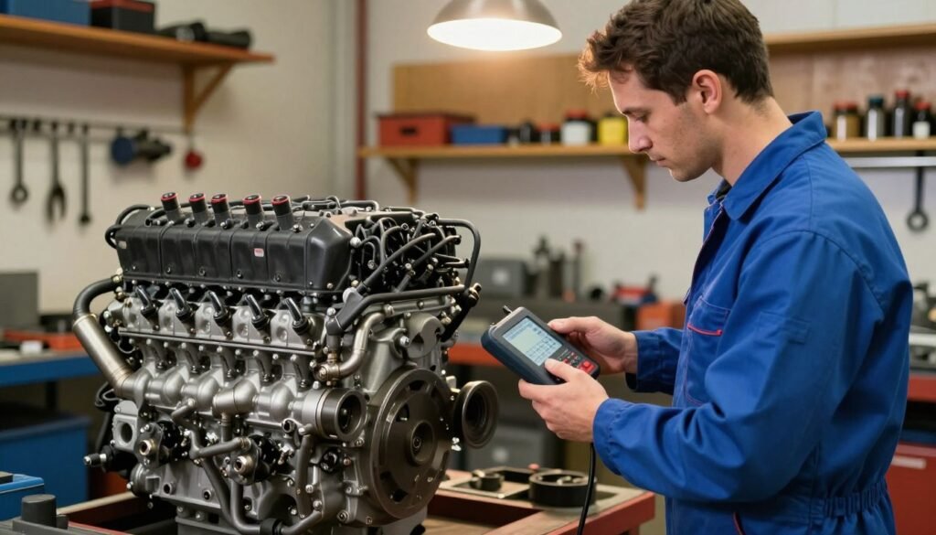 A professional mechanic analyzing a diesel engine in a well-lit workshop. In the foreground, the mechanic, an American male in a blue coverall, inspects the engine's components, holding a diagnostic tool. In the middle ground, the diesel engine is partially disassembled, showing its intricate parts, with detailed labels for fuel injectors and exhaust systems. The background features shelves of tools and equipment, painted in warm wood tones, creating an inviting atmosphere. Bright overhead lights illuminate the scene, casting soft shadows to enhance depth. The overall mood is focused and informative, reflecting a thorough understanding of diesel service needs.