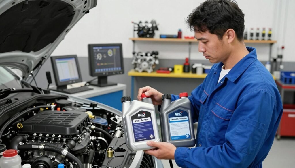 A professional workshop setting with a focus on diesel service selection. In the foreground, an American mechanic in a blue jumpsuit examines two distinct diesel service tools: one labeled "HHO Service" and the other "Chemical Decarbonization," both well-lit and detailed. In the middle ground, a modern workshop is filled with various diesel engines and diagnostic equipment, showcasing a clean, organized environment. The background depicts shelves lined with engine parts and tools, with soft white lighting highlighting the professionalism of the space. The mood is serious and analytical, emphasizing the thoughtful decision-making process in choosing the best service approach for a vehicle's diesel engine. The angle is slightly elevated, providing a clear view of both tools and the surrounding workshop atmosphere.