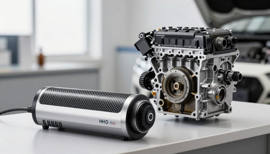 A sleek, modern HHO carbon remover technology device elegantly displayed in the foreground, showcasing its metallic surface and high-tech components. In the middle, a detailed engine component with visible carbon deposits is highlighted, demonstrating the contrast between clean and dirty areas. The background features a soft-focus workshop environment, illuminated by bright, natural lighting that emphasizes a professional atmosphere. The angle captures both the device and engine clearly, making them the focal points. The mood is innovative and efficient, suggesting advanced technology working effectively to eliminate carbon buildup. Avoid any human presence in the image to maintain a clean, technical focus.