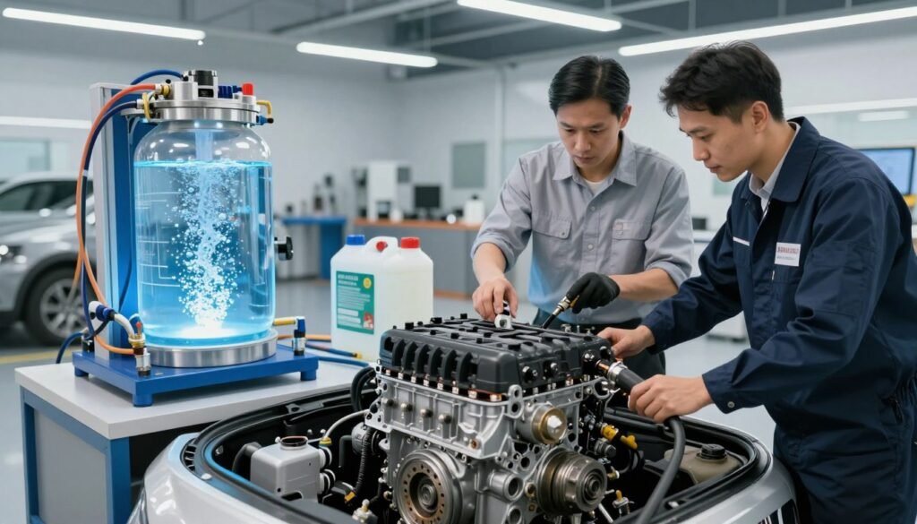 A split-scene illustration depicting a comparison between HHO (Hydrogen and Oxygen) and chemical decarbonization processes in a diesel engine context. In the foreground, feature a highly detailed diesel engine being serviced, with technicians in professional business attire examining both methods. On the left, visualize the HHO setup, showcasing clear tubes and bubbling gas, with an atmosphere of innovation and safety. On the right, present chemical decarbonization, featuring chemical containers and safety equipment. The middle ground should illustrate tools and equipment relevant to both methods. The background should be a modern automotive workshop, well-lit with bright fluorescent lighting to create a clean, professional feel. Use a high-angle lens for a comprehensive view, emphasizing the contrast between the two approaches while maintaining a serious and informative mood.