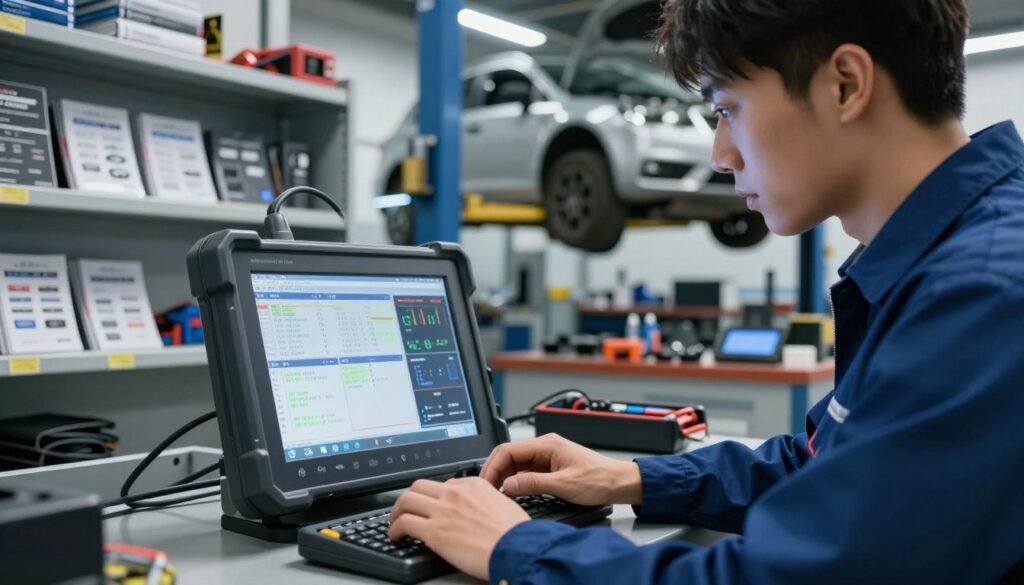 A technician in a professional outfit, intently focused on a sleek digital diagnostic tool displaying various automotive diagnostic trouble codes (DTCs). The foreground features the technician’s hands manipulating the device, with illuminated screens casting a soft glow on their face. In the middle ground, shelves filled with automotive manuals and tools hint at a well-organized workspace. The background shows an automotive workshop with a car lifted on a hydraulic lift, tools neatly arranged on a bench, and diagnostic equipment illuminating the space with cool white LED lighting. The atmosphere is focused and analytical, conveying a sense of precision and expertise in vehicle diagnostics. The angle is slightly low to emphasize the technician’s engagement and the depth of the workshop environment.