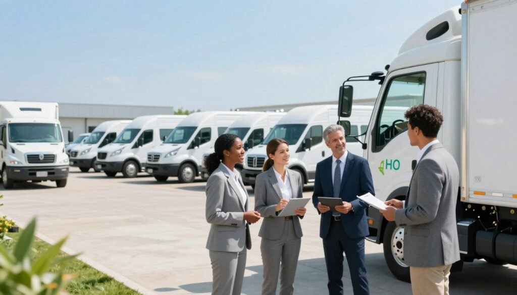 A technological scene showing HHO (hydrogen and oxygen) technology in fleet management. In the foreground, a group of three diverse American professionals in smart business attire, discussing an HHO system prototype beside a modern delivery truck equipped with HHO technology. The middle ground features a well-organized fleet yard with various types of vehicles, showcasing the integration of HHO technology for improved fuel efficiency. The background has a clear blue sky, emphasizing a bright and optimistic atmosphere. Use bright, natural lighting to create a clean and professional look, with a slight depth of field effect emphasizing the foreground subjects. Highlight the sustainability theme through green accents in the setting.