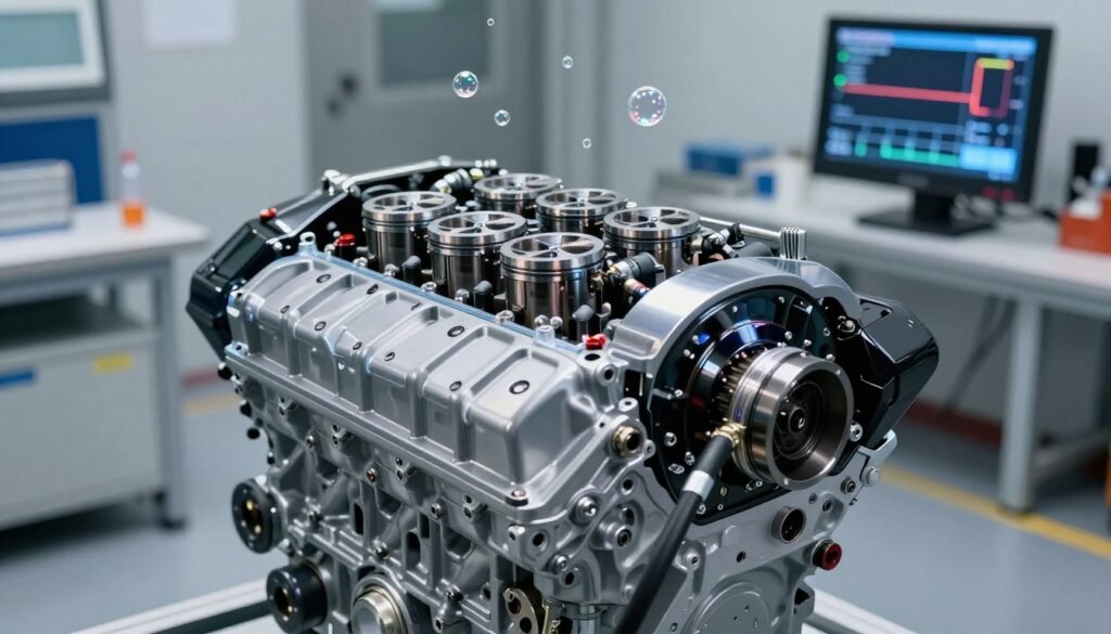 A vibrant and detailed portrayal of an advanced automotive engine being enhanced through innovative oxyhydrogen technology. In the foreground, a sleek, modern engine is open, showcasing intricate components like pistons and valves, all polished and gleaming. In the middle ground, visual hints of oxyhydrogen bubbles and a digital display showing performance metrics create a dynamic interaction. The background features a clean, well-lit workshop environment, emphasizing a sense of high-tech engineering. The lighting is bright and focused, highlighting the engine's details with soft reflections. The atmosphere is one of innovation and progress, underscoring the theme of performance enhancement and engine protection in an industrious setting.