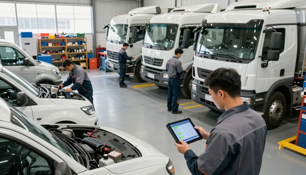 A well-organized fleet maintenance workshop showcasing a variety of fleet vehicles undergoing service. In the foreground, a fleet manager in professional attire inspects a vehicle's diagnostic tools, with a clear focus on diagnostic trouble codes displayed on a tablet. The middle ground features mechanics methodically performing maintenance tasks, such as oil changes and brake inspections on various trucks and vans. The background includes shelves stocked with tools and spare parts, along with a large window allowing natural sunlight to illuminate the workspace. The atmosphere is efficient and focused, conveying a sense of professionalism and meticulous care. The composition captures a moment of teamwork and expertise in fleet vehicle maintenance, presented from a slightly elevated angle for a comprehensive view.