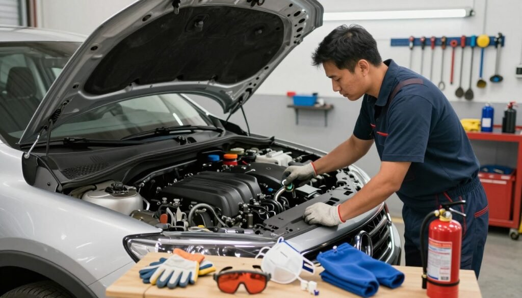 A well-organized garage setting with an American technician dressed in professional work attire, examining a car engine. In the foreground, a table displays essential safety equipment: gloves, goggles, a face mask, and a fire extinguisher. The technician is wearing gloves and carefully holds a wrench, focused on the engine. The middle ground features the open hood of a vehicle with various cleaning tools neatly arranged around it. In the background, tools hang neatly on the wall, illuminated by soft, overhead LED lighting that creates a clean and safe environment. The atmosphere feels meticulous and cautious, emphasizing the importance of safety precautions in engine cleaning. Angle the shot slightly from above to capture both the technician and tools effectively.